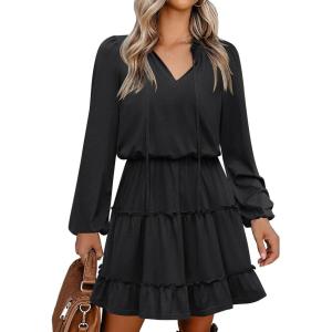 imageCaracilia Long Sleeve Dress for Women Fall 2025 Casual V Neck High Waist Tiered Ruffle Aline Swing Tunic Short Mini DressesBlack