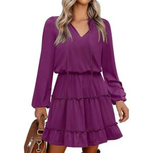 imageCaracilia Long Sleeve Dress for Women Fall 2025 Casual V Neck High Waist Tiered Ruffle Aline Swing Tunic Short Mini DressesDeep Purple