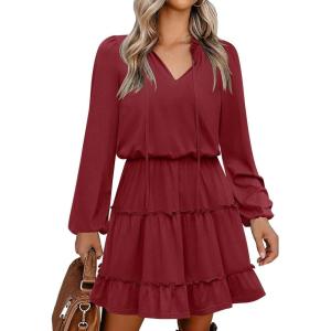 imageCaracilia Long Sleeve Dress for Women Fall 2025 Casual V Neck High Waist Tiered Ruffle Aline Swing Tunic Short Mini DressesDeep Red