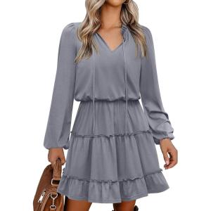 imageCaracilia Long Sleeve Dress for Women Fall 2025 Casual V Neck High Waist Tiered Ruffle Aline Swing Tunic Short Mini DressesGrey