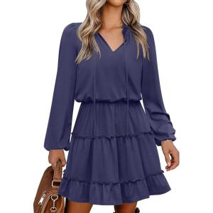 imageCaracilia Long Sleeve Dress for Women Fall 2025 Casual V Neck High Waist Tiered Ruffle Aline Swing Tunic Short Mini DressesNavy Blue