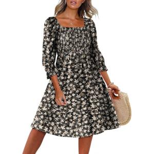 imageCaracilia Women 34 Sleeve Square Neck 2025 Summer Fall Wedding Guest Floral Smocked Casual Boho Midi DressesBlack White Floral