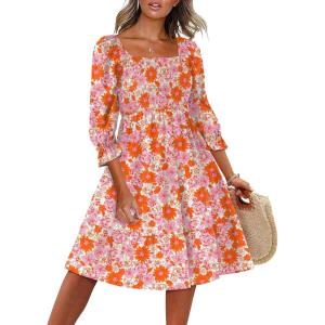 imageCaracilia Women 34 Sleeve Square Neck 2025 Summer Fall Wedding Guest Floral Smocked Casual Boho Midi DressesChrysanthemum Floral