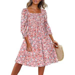 imageCaracilia Women 34 Sleeve Square Neck 2025 Summer Fall Wedding Guest Floral Smocked Casual Boho Midi DressesFloral Blue Pink