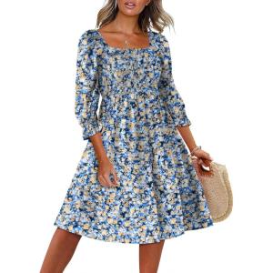 imageCaracilia Women 34 Sleeve Square Neck 2025 Summer Fall Wedding Guest Floral Smocked Casual Boho Midi DressesFloral Light Blue