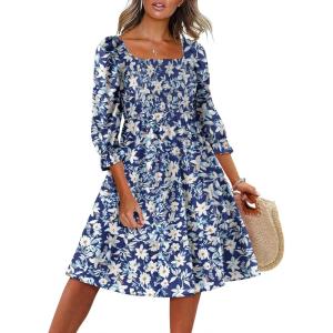 imageCaracilia Women 34 Sleeve Square Neck 2025 Summer Fall Wedding Guest Floral Smocked Casual Boho Midi DressesFloral White