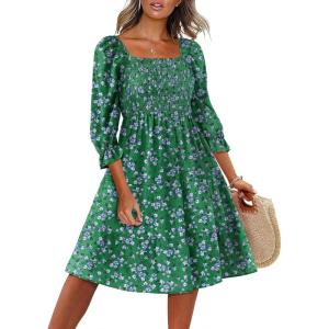imageCaracilia Women 34 Sleeve Square Neck 2025 Summer Fall Wedding Guest Floral Smocked Casual Boho Midi DressesGreen White Purple Floral