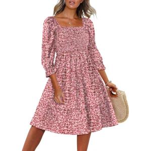 imageCaracilia Women 34 Sleeve Square Neck 2025 Summer Fall Wedding Guest Floral Smocked Casual Boho Midi DressesPink Dot Floral