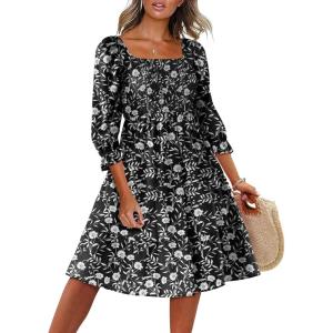 imageCaracilia Women 34 Sleeve Square Neck 2025 Summer Fall Wedding Guest Floral Smocked Casual Boho Midi DressesPrint Black Floral