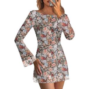 imageCaracilia Women Bell Long Sleeve Mini Dresses Fall 2025 Mesh Boat Neck Print Going Out Bodycon Wedding Guest Vacation OutfitsMulti Floral