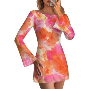 imageCaracilia Women Bell Long Sleeve Mini Dresses Fall 2025 Mesh Boat Neck Print Going Out Bodycon Wedding Guest Vacation OutfitsOrange Pink Floral