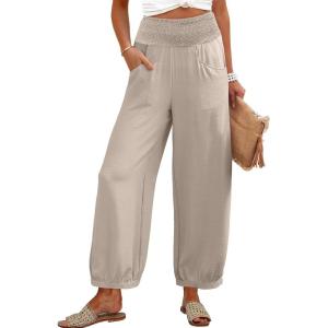 imageCaracilia Women Wide Leg Palazzo Pants 2025 Summer Casual High Waist Flowy Loose Boho Beach Vacation Lantern PantsAlmond