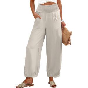 imageCaracilia Women Wide Leg Palazzo Pants 2025 Summer Casual High Waist Flowy Loose Boho Beach Vacation Lantern PantsBeige