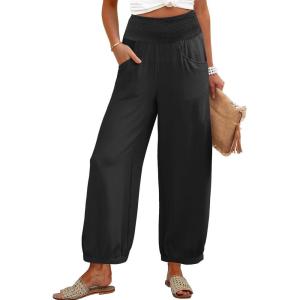 imageCaracilia Women Wide Leg Palazzo Pants 2025 Summer Casual High Waist Flowy Loose Boho Beach Vacation Lantern PantsBlack