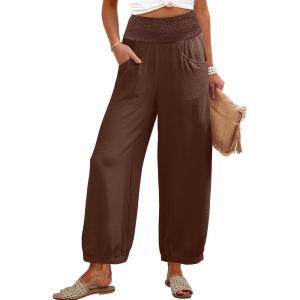 imageCaracilia Women Wide Leg Palazzo Pants 2025 Summer Casual High Waist Flowy Loose Boho Beach Vacation Lantern PantsBrown