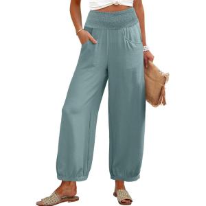 imageCaracilia Women Wide Leg Palazzo Pants 2025 Summer Casual High Waist Flowy Loose Boho Beach Vacation Lantern PantsLake