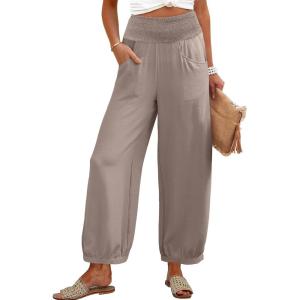 imageCaracilia Women Wide Leg Palazzo Pants 2025 Summer Casual High Waist Flowy Loose Boho Beach Vacation Lantern PantsLight Brown