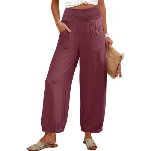 imageCaracilia Women Wide Leg Palazzo Pants 2025 Summer Casual High Waist Flowy Loose Boho Beach Vacation Lantern PantsMaroon