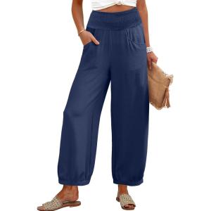 imageCaracilia Women Wide Leg Palazzo Pants 2025 Summer Casual High Waist Flowy Loose Boho Beach Vacation Lantern PantsNavy Blue
