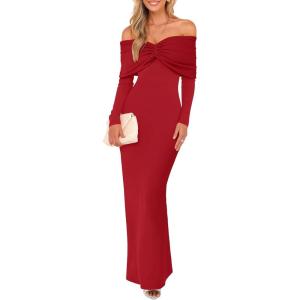 imageCaracilia Womens Off The Shoulder Bodycon Maxi Dress Fall Sexy Elegant Long Sleeve Ruched Club Party Formal Cocktail DressesRed