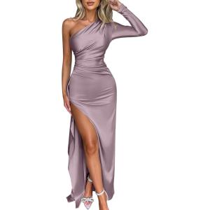 imageCaracilia Womens Wedding Guest Maxi Dress 2025 Fall One Shoulder Sleeve Satin Bodycon High Split Cocktail Formal Prom DressesMauve