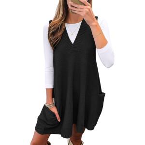 imageCaracilia Womens Sweater Vest Dress Wool Blend V Neck Sleeveless Loose Fit Casual 2025 Fall Short Tank Dresses with PocketsBlack