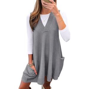 imageCaracilia Womens Sweater Vest Dress Wool Blend V Neck Sleeveless Loose Fit Casual 2025 Fall Short Tank Dresses with PocketsGrey