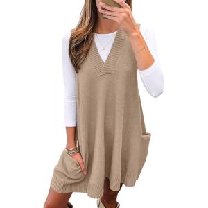 imageCaracilia Womens Sweater Vest Dress Wool Blend V Neck Sleeveless Loose Fit Casual 2025 Fall Short Tank Dresses with PocketsKhaki