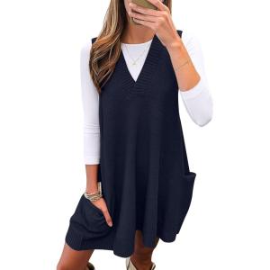 imageCaracilia Womens Sweater Vest Dress Wool Blend V Neck Sleeveless Loose Fit Casual 2025 Fall Short Tank Dresses with PocketsNavy Blue