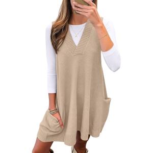 imageCaracilia Womens Sweater Vest Dress Wool Blend V Neck Sleeveless Loose Fit Casual 2025 Fall Short Tank Dresses with PocketsYellow Khaki
