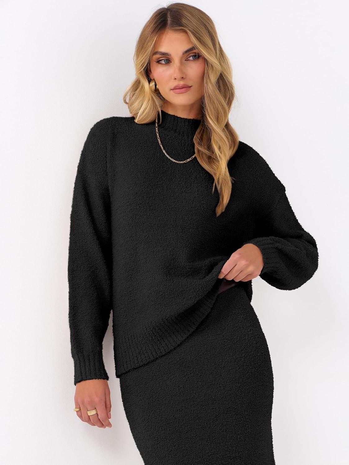 imageCaracilia Womens 2 Piece Skirts Sets Fuzzy Fleece Sweater Long Sleeve Knit Tops Midi Skirt Travel Matching Outfits 2025 FallBlack
