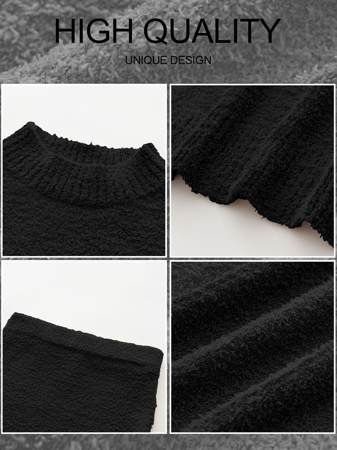 imageCaracilia Womens 2 Piece Skirts Sets Fuzzy Fleece Sweater Long Sleeve Knit Tops Midi Skirt Travel Matching Outfits 2025 FallBlack