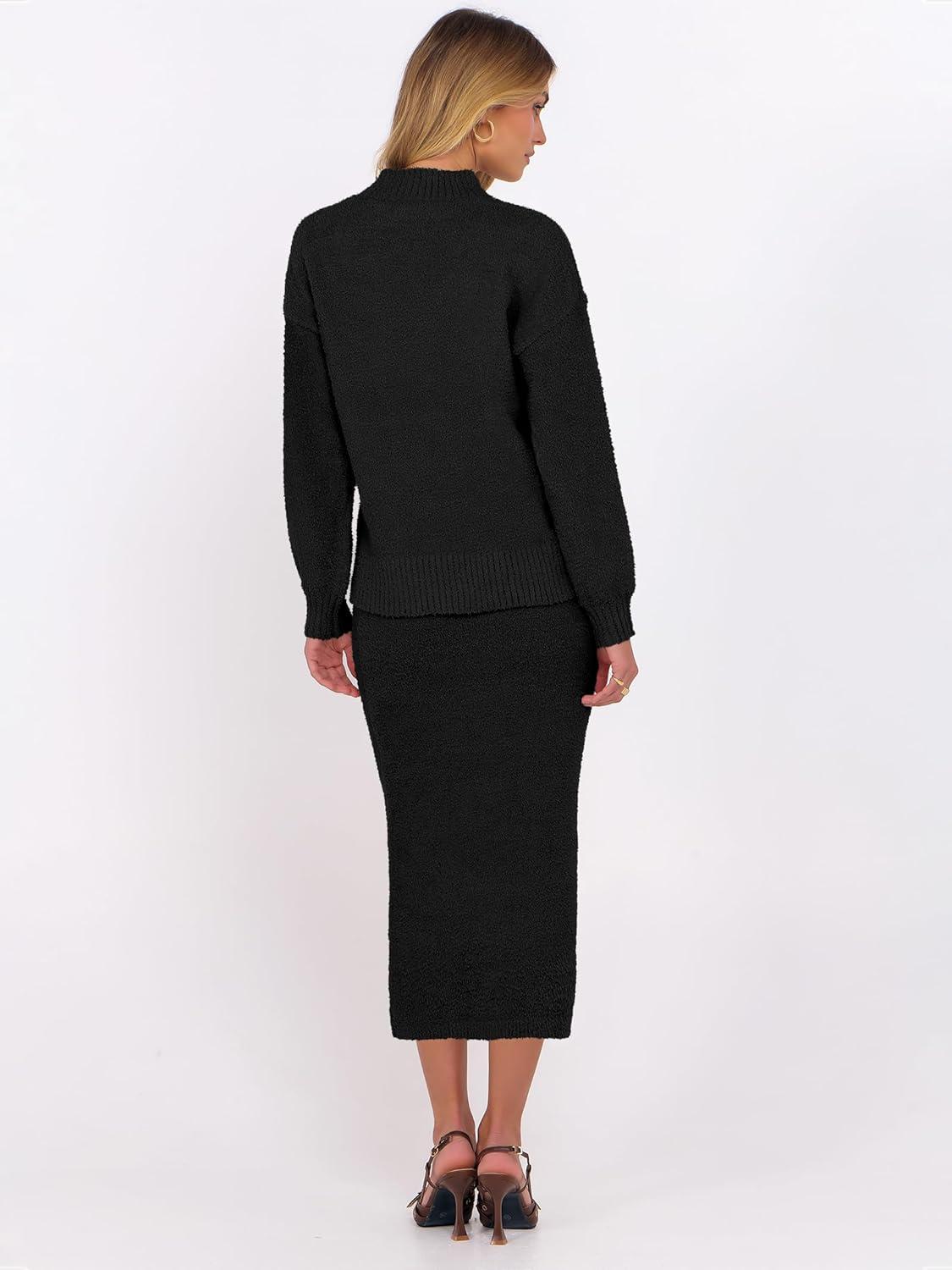imageCaracilia Womens 2 Piece Skirts Sets Fuzzy Fleece Sweater Long Sleeve Knit Tops Midi Skirt Travel Matching Outfits 2025 FallBlack