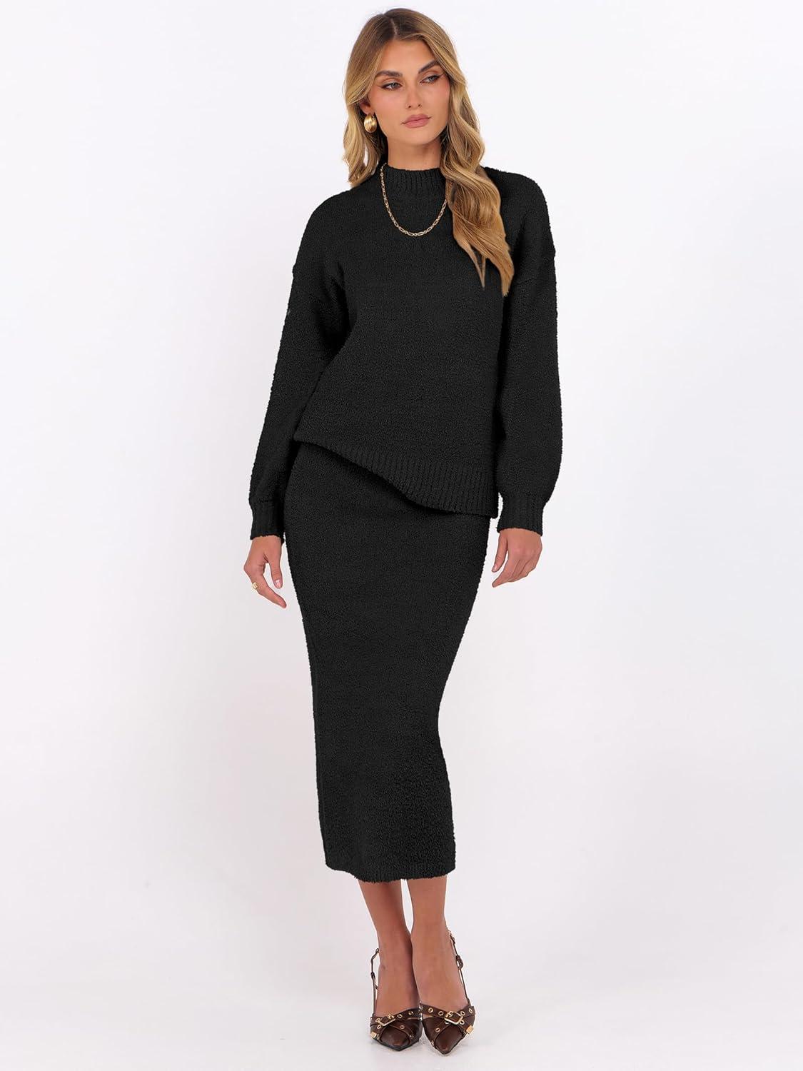 imageCaracilia Womens 2 Piece Skirts Sets Fuzzy Fleece Sweater Long Sleeve Knit Tops Midi Skirt Travel Matching Outfits 2025 FallBlack