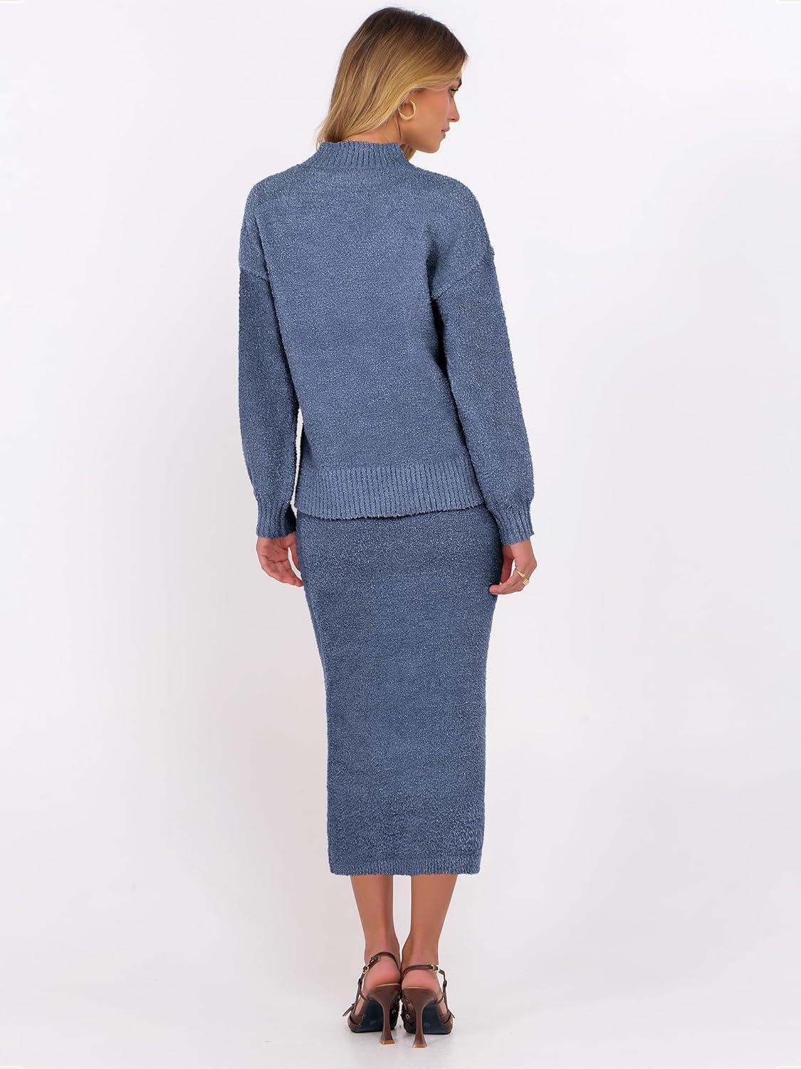 imageCaracilia Womens 2 Piece Skirts Sets Fuzzy Fleece Sweater Long Sleeve Knit Tops Midi Skirt Travel Matching Outfits 2025 FallDeep Grey Blue