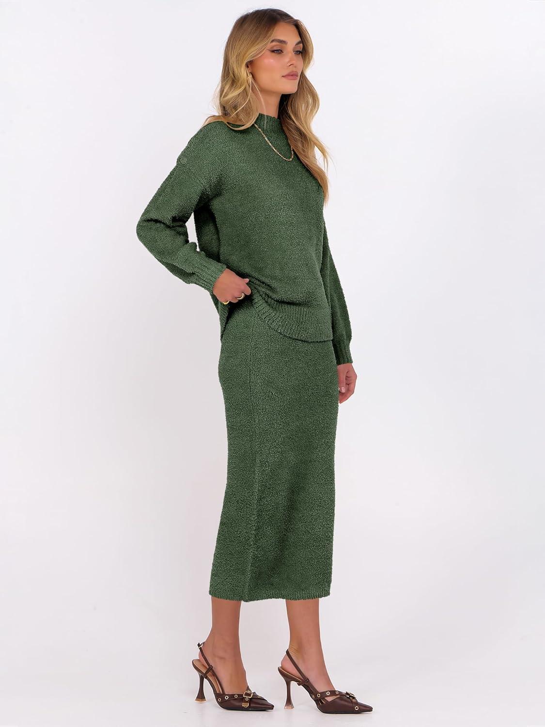 imageCaracilia Womens 2 Piece Skirts Sets Fuzzy Fleece Sweater Long Sleeve Knit Tops Midi Skirt Travel Matching Outfits 2025 FallLawn Green