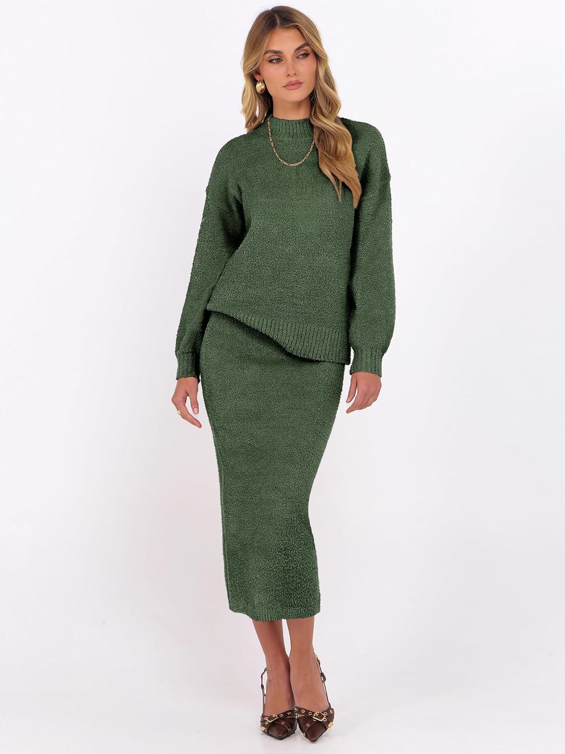 imageCaracilia Womens 2 Piece Skirts Sets Fuzzy Fleece Sweater Long Sleeve Knit Tops Midi Skirt Travel Matching Outfits 2025 FallLawn Green