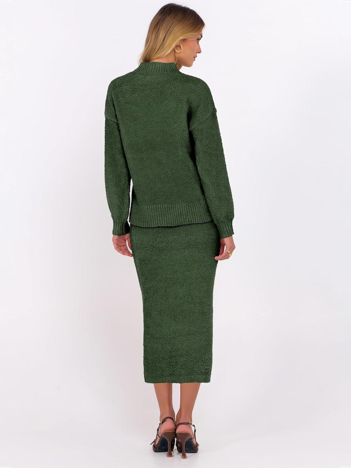 imageCaracilia Womens 2 Piece Skirts Sets Fuzzy Fleece Sweater Long Sleeve Knit Tops Midi Skirt Travel Matching Outfits 2025 FallLawn Green
