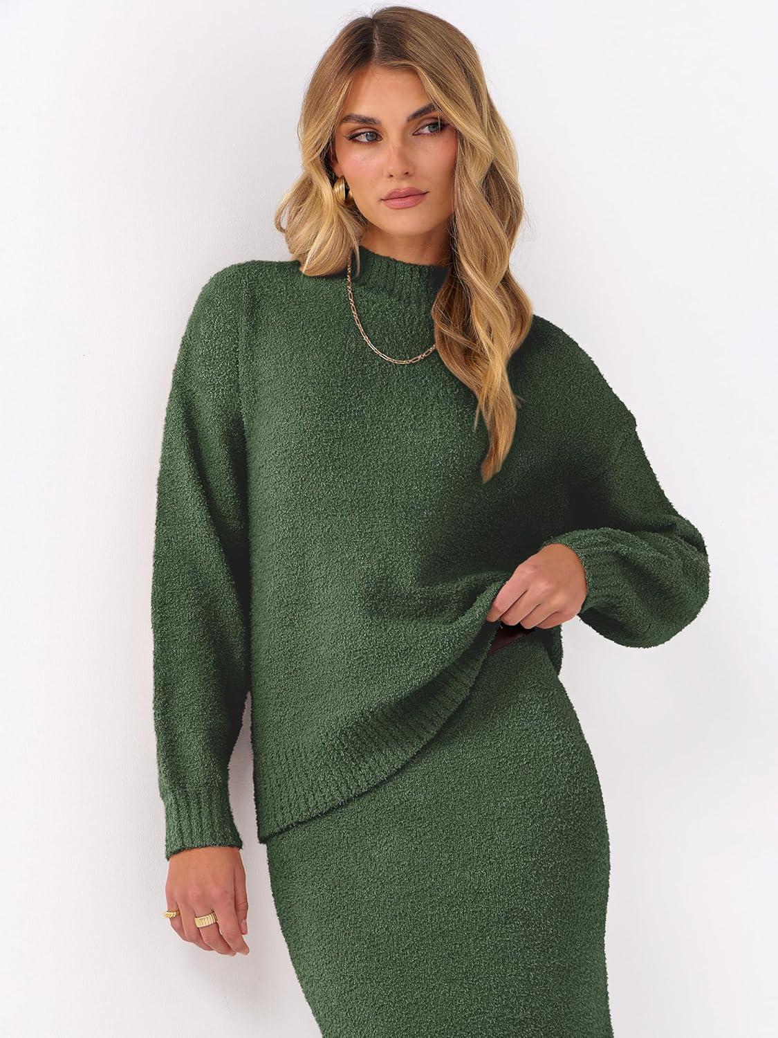 imageCaracilia Womens 2 Piece Skirts Sets Fuzzy Fleece Sweater Long Sleeve Knit Tops Midi Skirt Travel Matching Outfits 2025 FallLawn Green