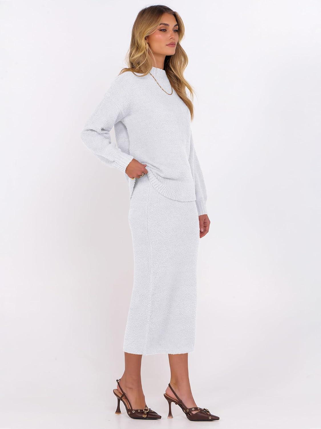 imageCaracilia Womens 2 Piece Skirts Sets Fuzzy Fleece Sweater Long Sleeve Knit Tops Midi Skirt Travel Matching Outfits 2025 FallLight Grey