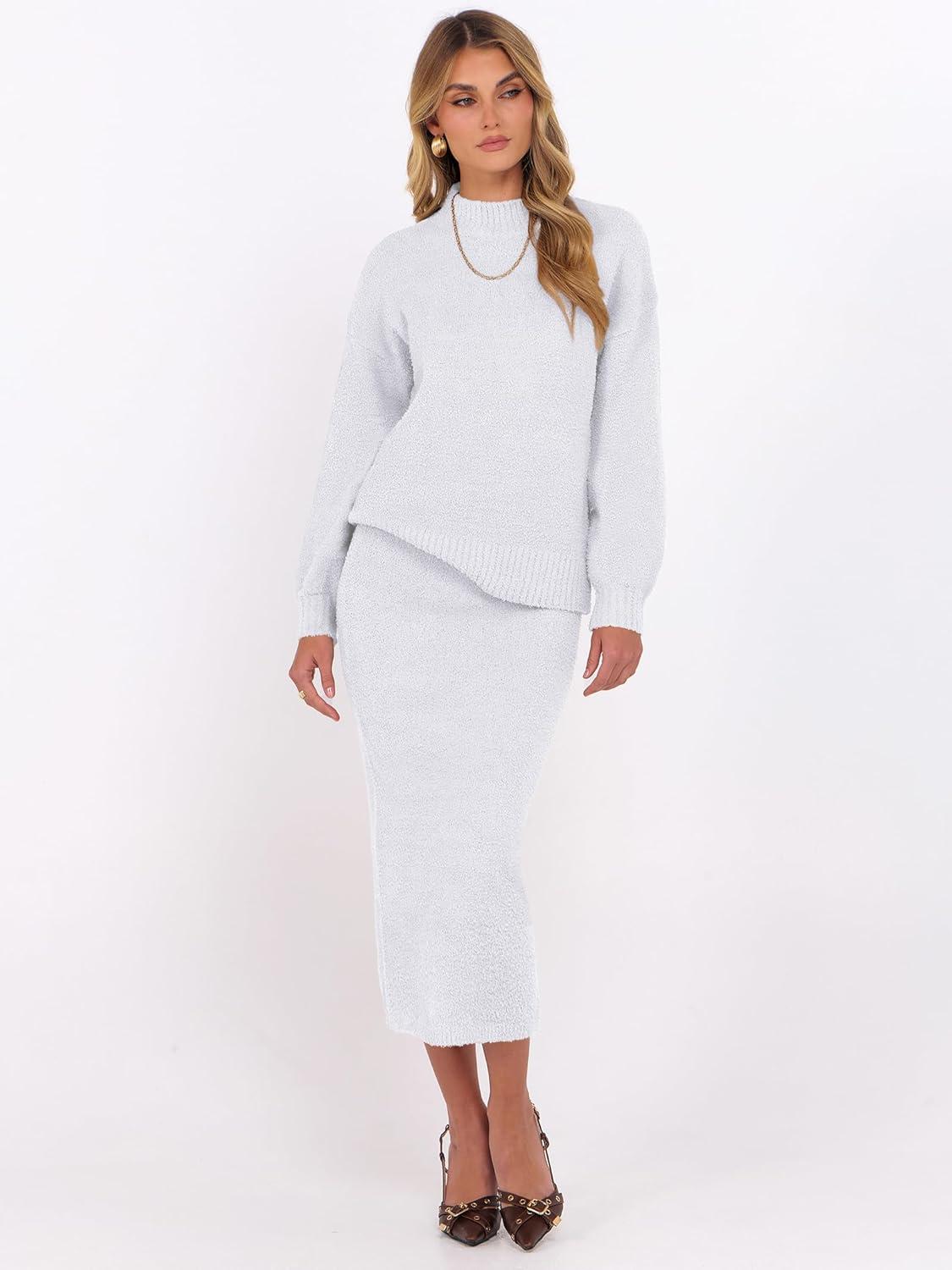 imageCaracilia Womens 2 Piece Skirts Sets Fuzzy Fleece Sweater Long Sleeve Knit Tops Midi Skirt Travel Matching Outfits 2025 FallLight Grey