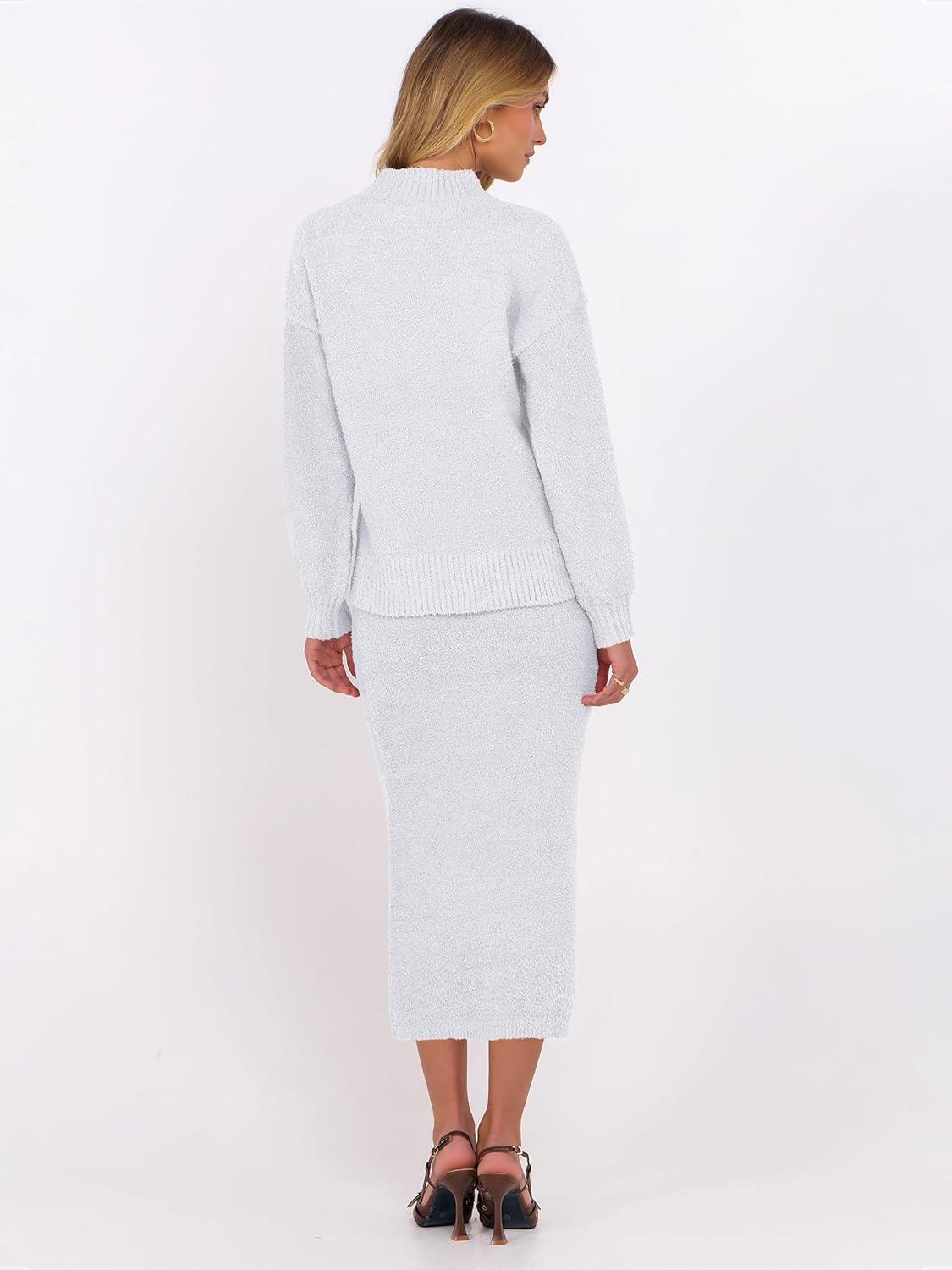 imageCaracilia Womens 2 Piece Skirts Sets Fuzzy Fleece Sweater Long Sleeve Knit Tops Midi Skirt Travel Matching Outfits 2025 FallLight Grey