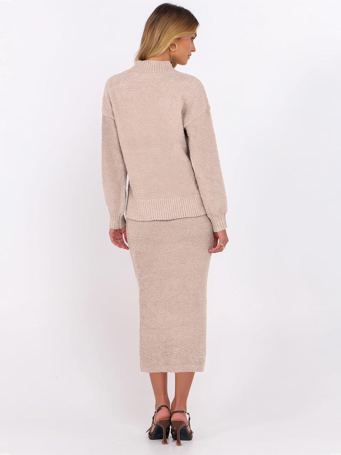 imageCaracilia Womens 2 Piece Skirts Sets Fuzzy Fleece Sweater Long Sleeve Knit Tops Midi Skirt Travel Matching Outfits 2025 FallLight Khaki