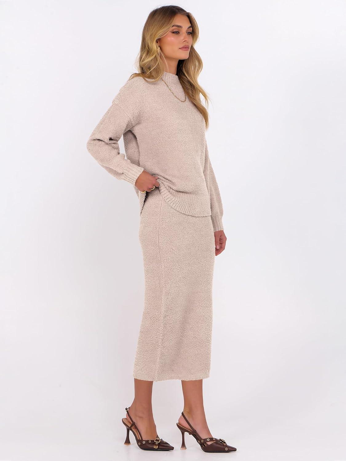 imageCaracilia Womens 2 Piece Skirts Sets Fuzzy Fleece Sweater Long Sleeve Knit Tops Midi Skirt Travel Matching Outfits 2025 FallLight Khaki