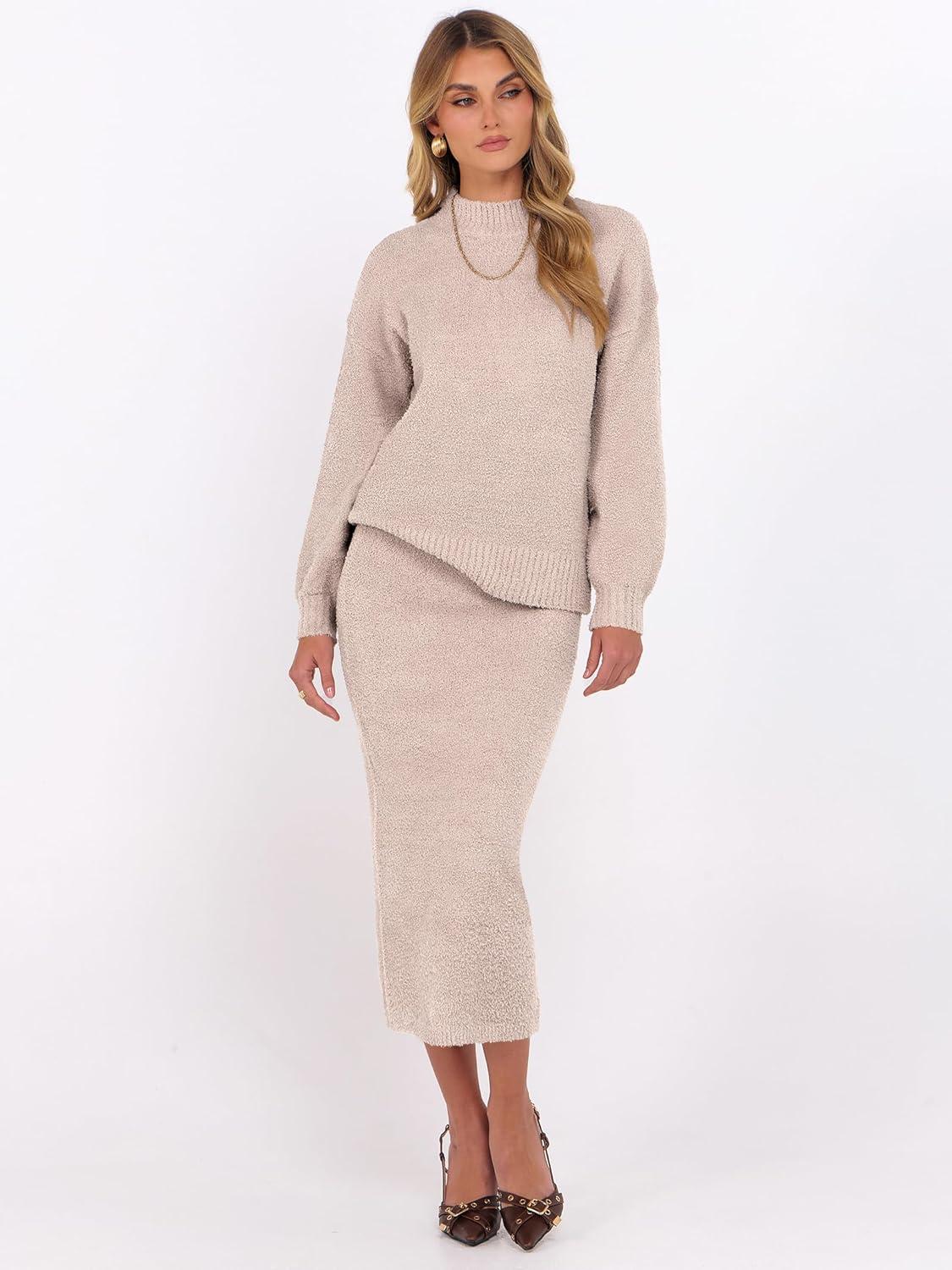 imageCaracilia Womens 2 Piece Skirts Sets Fuzzy Fleece Sweater Long Sleeve Knit Tops Midi Skirt Travel Matching Outfits 2025 FallLight Khaki
