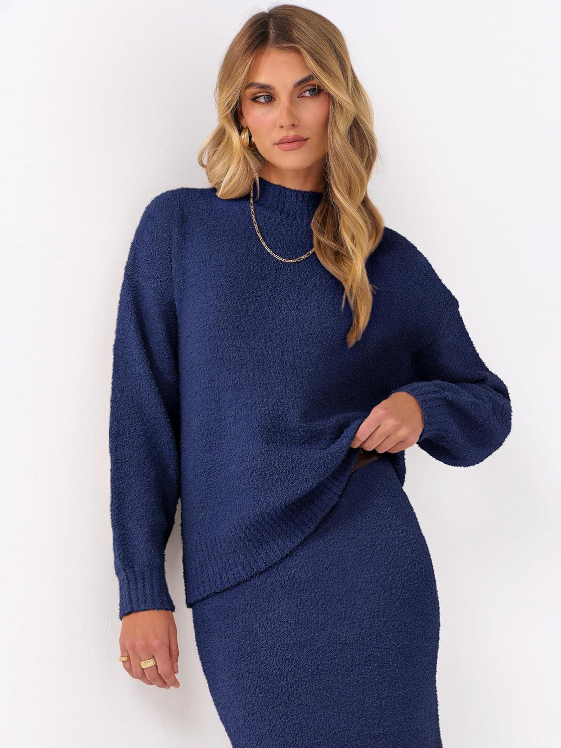 imageCaracilia Womens 2 Piece Skirts Sets Fuzzy Fleece Sweater Long Sleeve Knit Tops Midi Skirt Travel Matching Outfits 2025 FallNavy Blue