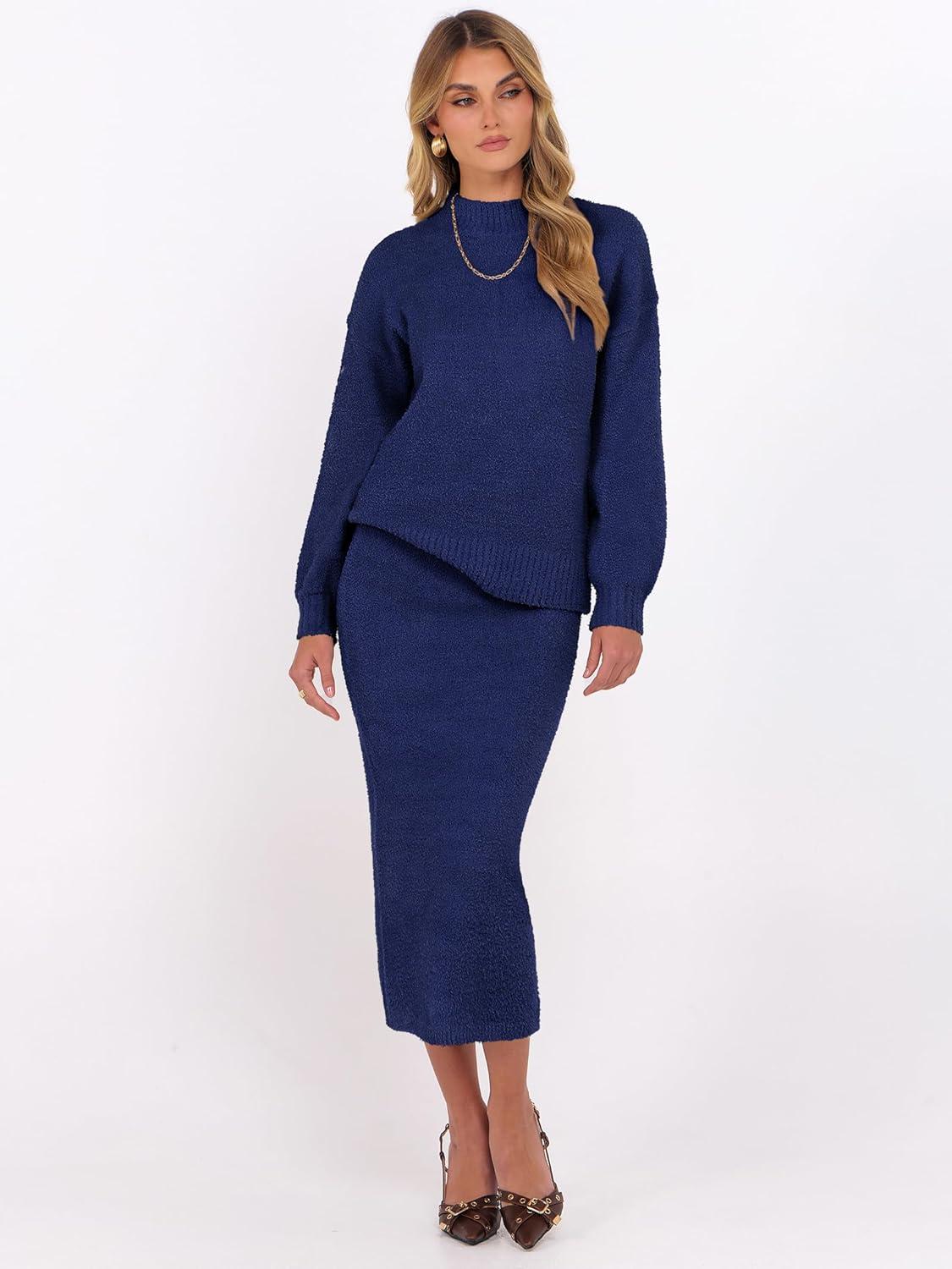 imageCaracilia Womens 2 Piece Skirts Sets Fuzzy Fleece Sweater Long Sleeve Knit Tops Midi Skirt Travel Matching Outfits 2025 FallNavy Blue