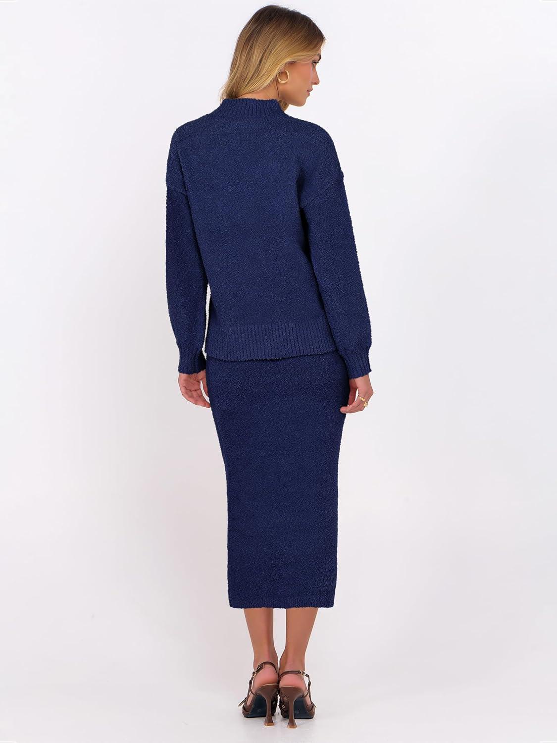 imageCaracilia Womens 2 Piece Skirts Sets Fuzzy Fleece Sweater Long Sleeve Knit Tops Midi Skirt Travel Matching Outfits 2025 FallNavy Blue