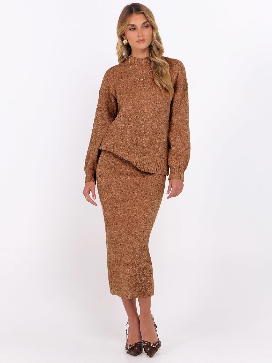imageCaracilia Womens 2 Piece Skirts Sets Fuzzy Fleece Sweater Long Sleeve Knit Tops Midi Skirt Travel Matching Outfits 2025 FallOchre