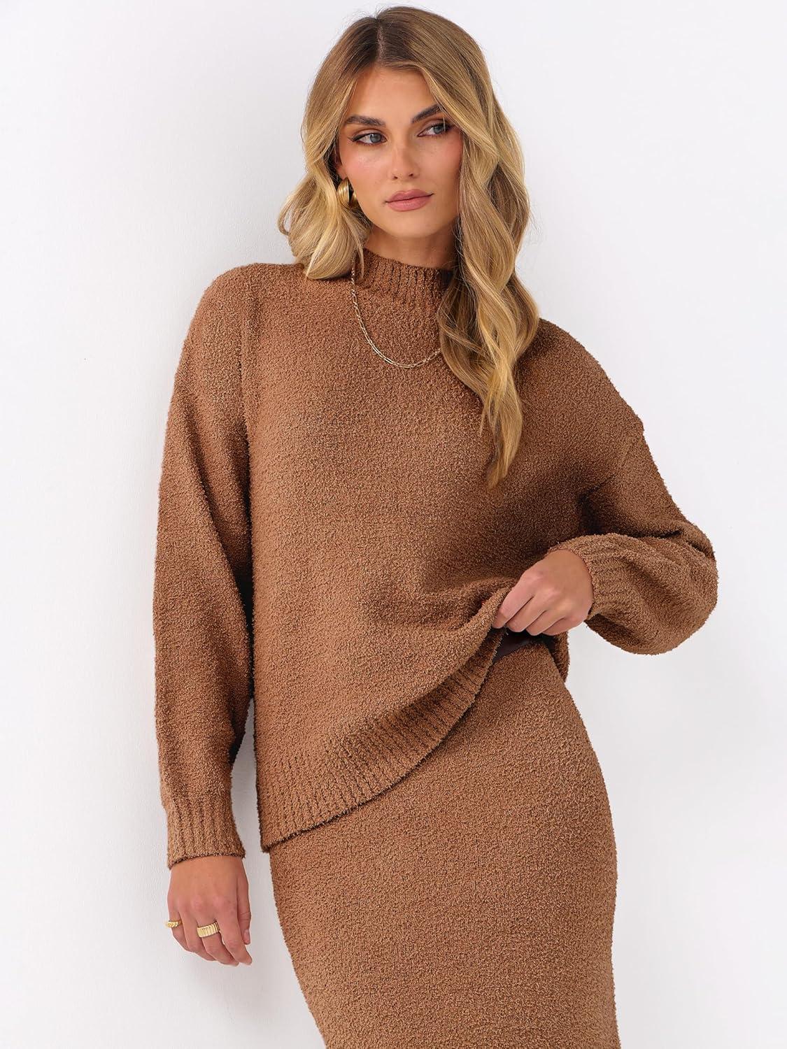 imageCaracilia Womens 2 Piece Skirts Sets Fuzzy Fleece Sweater Long Sleeve Knit Tops Midi Skirt Travel Matching Outfits 2025 FallOchre